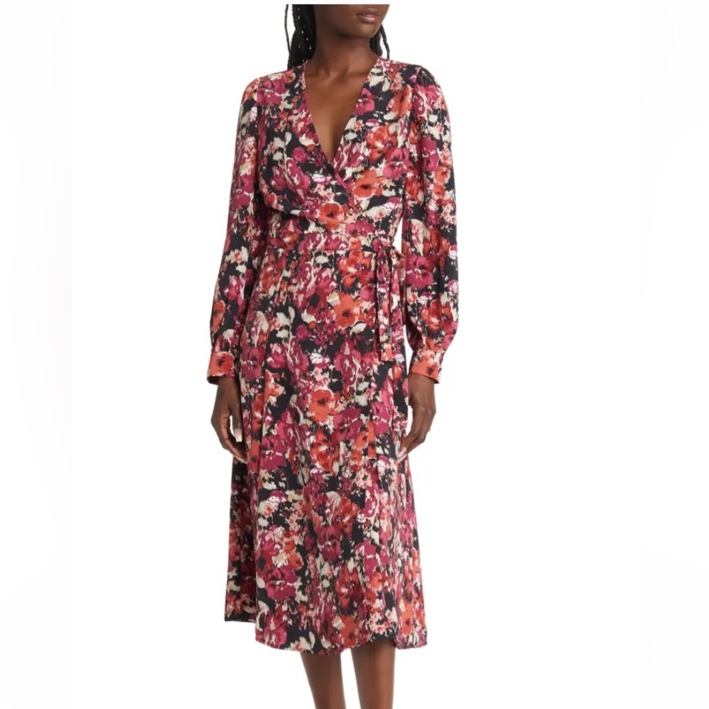 Chelsea28 Black Floral Tie Front Wrap Midi Dress Size XS
